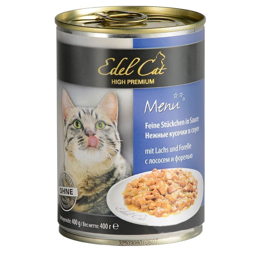 Влажный корм Edel Cat для кошек, Нежные кусочки лососи и форели в соусе, Банка 400 г Влажный корм Edel Cat для кошек, Нежные кусочки лососи и форели в соусе, Банка 400 г