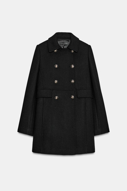 ZARA КОРОТКОЕ ДВУБОРТНОЕ ПАЛЬТО С ШЕРСТЬЮ, ЧЕРНЫЙ