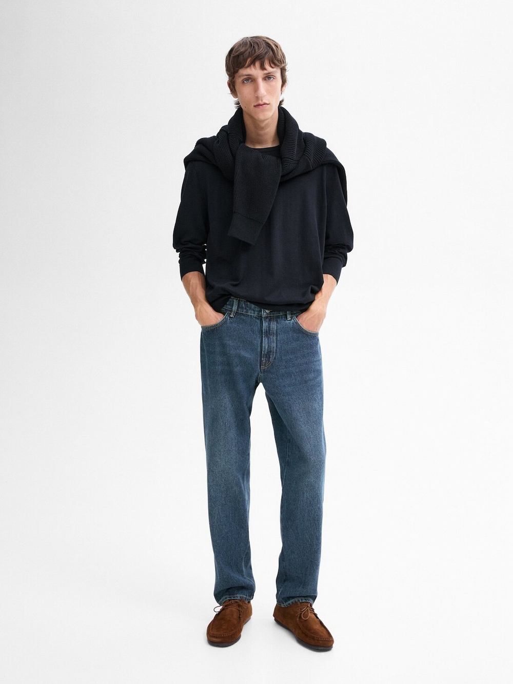 Massimo Dutti Хлопковый свитер с длинными рукавами, темно-синий