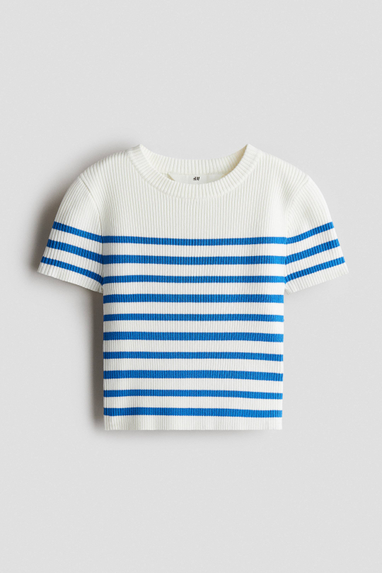 H&M Укороченный топ в рубчик, белый/синий