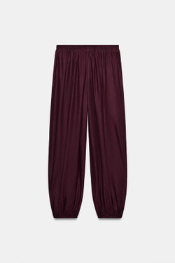 ZARA БРЮКИ-ШАРОВАРЫ ИЗ ЛЬНА, БАКЛАЖАНОВЫЙ