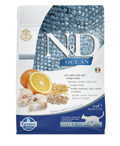 FARMINA N&D Cat Ocean Сухой корм для взрослых кошек треска, спельта, овес и апельсин 300 гр