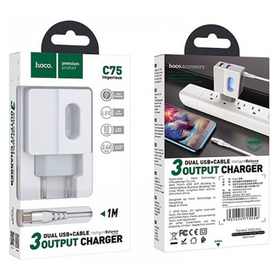 Сетевое зарядное устройство USB Hoco С75 ( 2,4A, 2 порта, кабель MicroUSB ) Белый