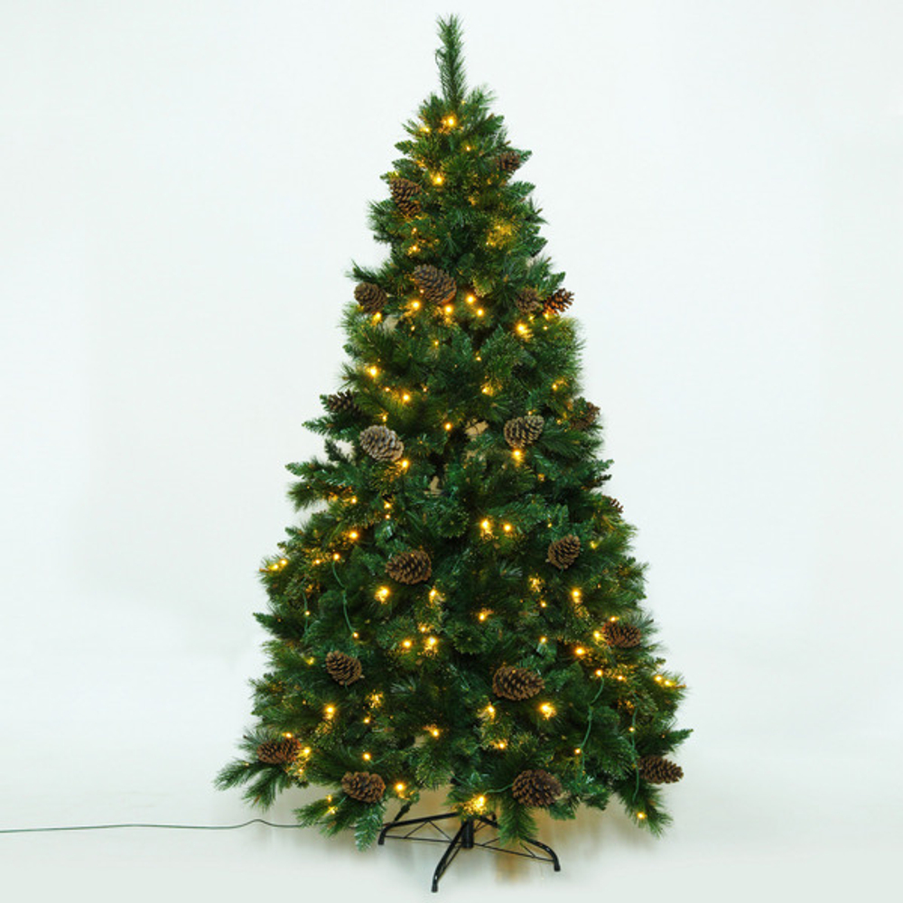 Елка светодиодная «Лесная метель» 210 см, ПВХ+леска (шишки и напыление), 1075 веток, 240 ламп LED, Теплый белый