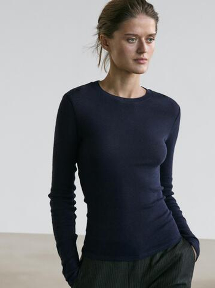 Massimo Dutti Футболка из смесового хлопка с длинными рукавами, темно-синий