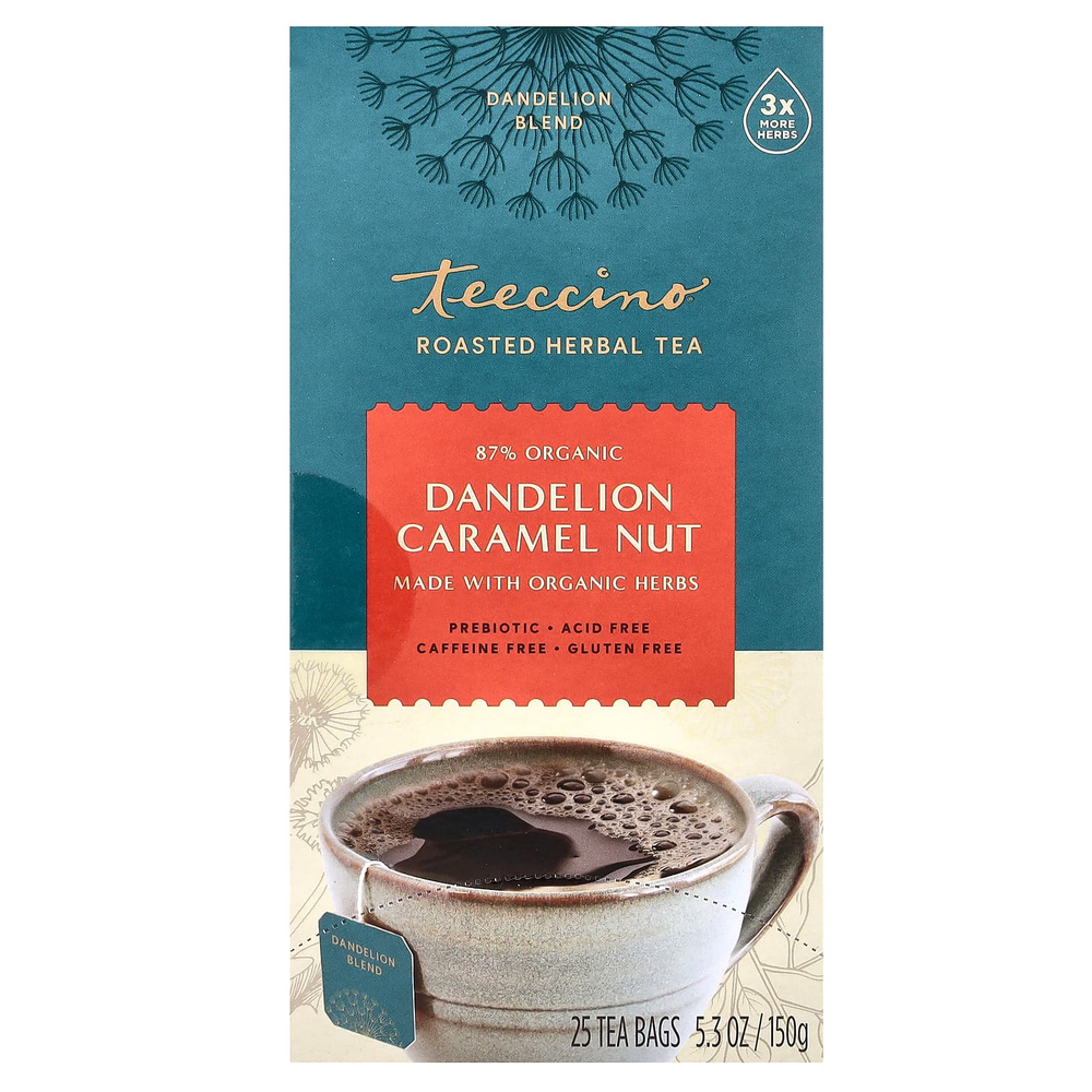 Teeccino, чай из обжаренных трав, одуванчик, карамель и орех, без кофеина, 25 чайных пакетиков, 150 г (5,3 унции)
