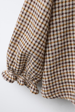 ZARA БЛУЗКА В КЛЕТКУ С ВОЛАНАМИ, РЫЖЕВАТО-КОРИЧНЕВЫЙ