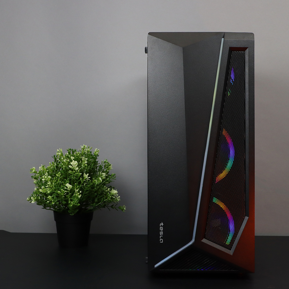 Корпус TESLA TSL-100, Без БП, ATX, RGB, чёрный, 4xRGB FAN, 2xUSB2, 1xUSB3, бок: закалённое стекло (TSL-100-4FB-RGB)
