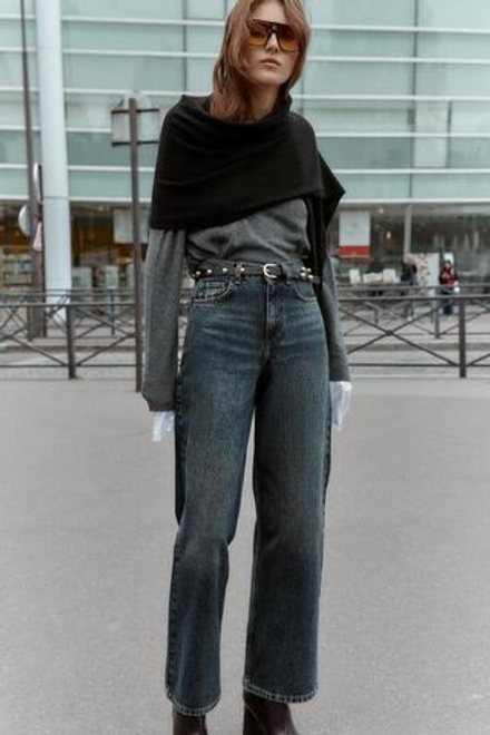 ZARA ДЖИНСЫ Z1975 С ВЫСОКОЙ ТАЛИЕЙ, ПРЯМЫЕ, СУЖЕННЫЕ, С РЕМНЕМ, ИНДИГО