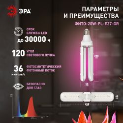 Фитолампа для растений светодиодная ЭРА GREEN LINE ФИТО-20W-PL-E27-GR 2-х лепестковая красно-синего спектра 20 Вт Е27 | Фитолампы Е27