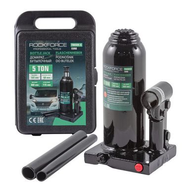 Домкрат бутылочный 5т с клапаном (высота подхвата - 185мм, высота подъема - 360мм, ход штока - 115мм, винт-60мм)в кейсе RockForce##Rock FORCE RF-T90504-S(Euro)