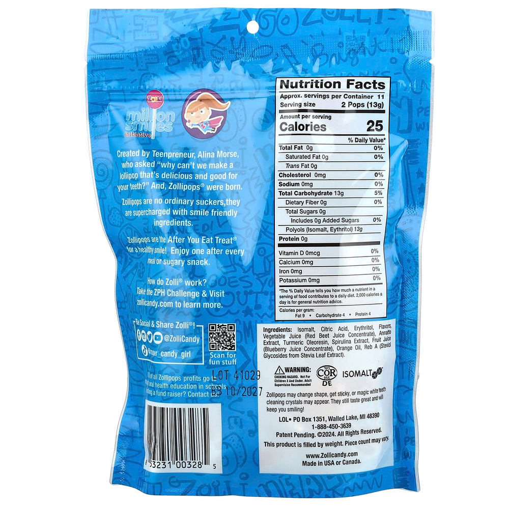 Zollipops, The Clean Teeth Pops®, леденцы с фруктовыми вкусами, 23–25 леденцов, 142 г (5,2 унции)