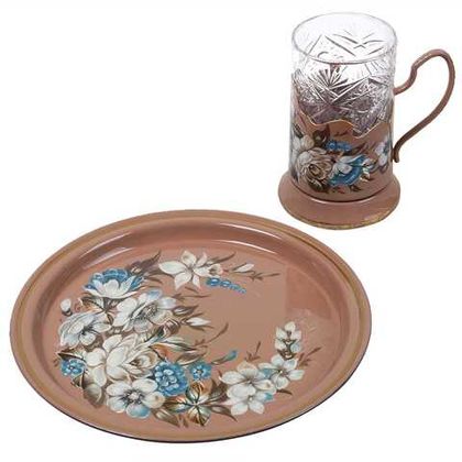 Set of zhostovo tea glass holder with zhostovo metal tray 22 см SET22D08042022002