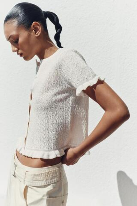 ZARA ВЯЗАНЫЙ КАРДИГАН С ВОЛАНАМИ, ЭКРЮ