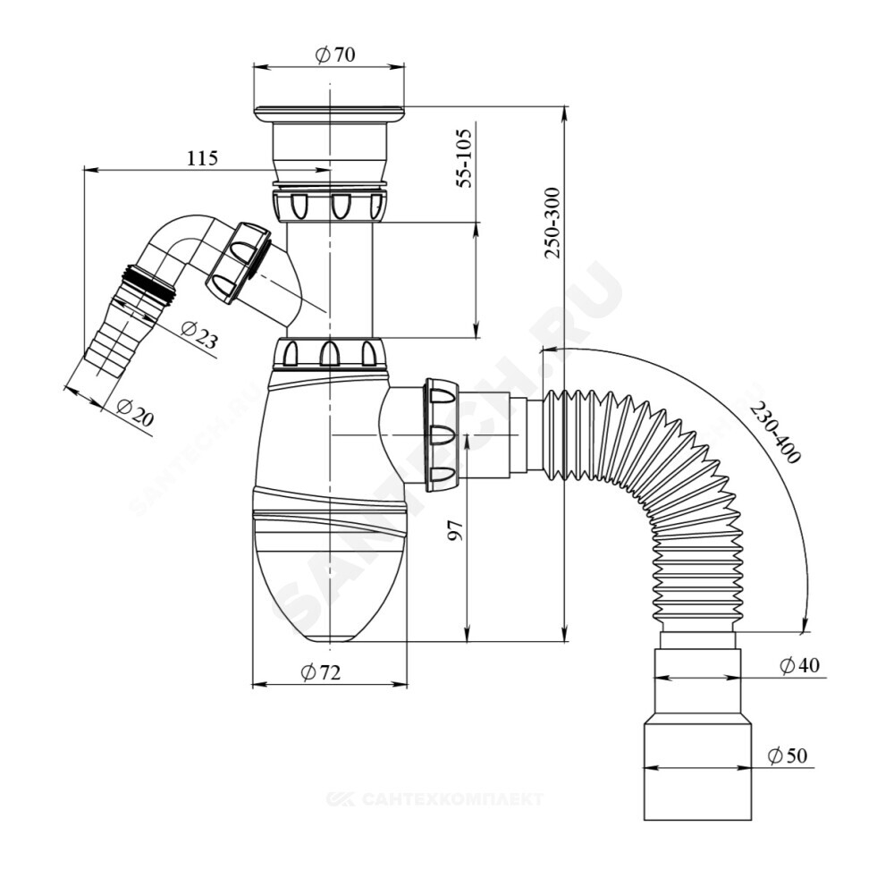 Сифон для умывальника бутылочный 1 1/2"x40 с гофрой 40х40/50 с отводом (штуцером) с нержавеющей решёткой Unicorn А320V