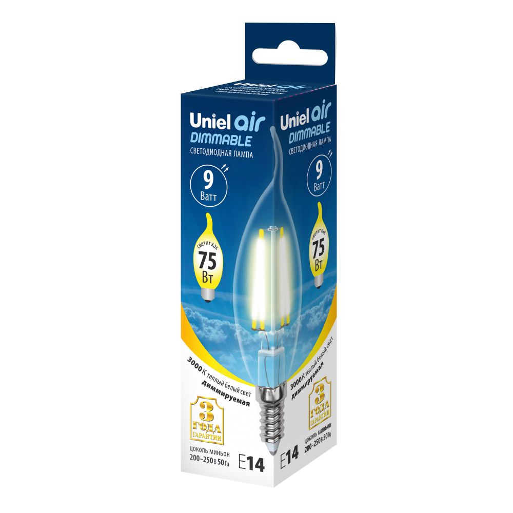 LED-CW35-9W-3000K-E14-CL-DIM GLA01TR Лампа светодиодная диммируемая. Форма свеча на ветру. прозрачная. Серия Air. Теплый белый свет 3000K. Картон. ТМ Uniel.