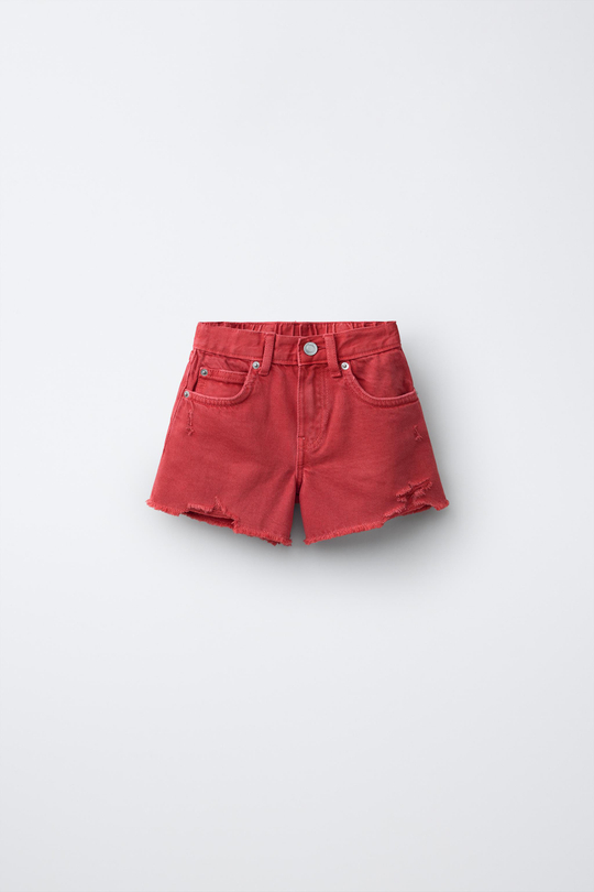 ZARA ДЖИНСОВЫЕ ШОРТЫ С РАЗРЕЗАМИ, КРАСНЫЙ