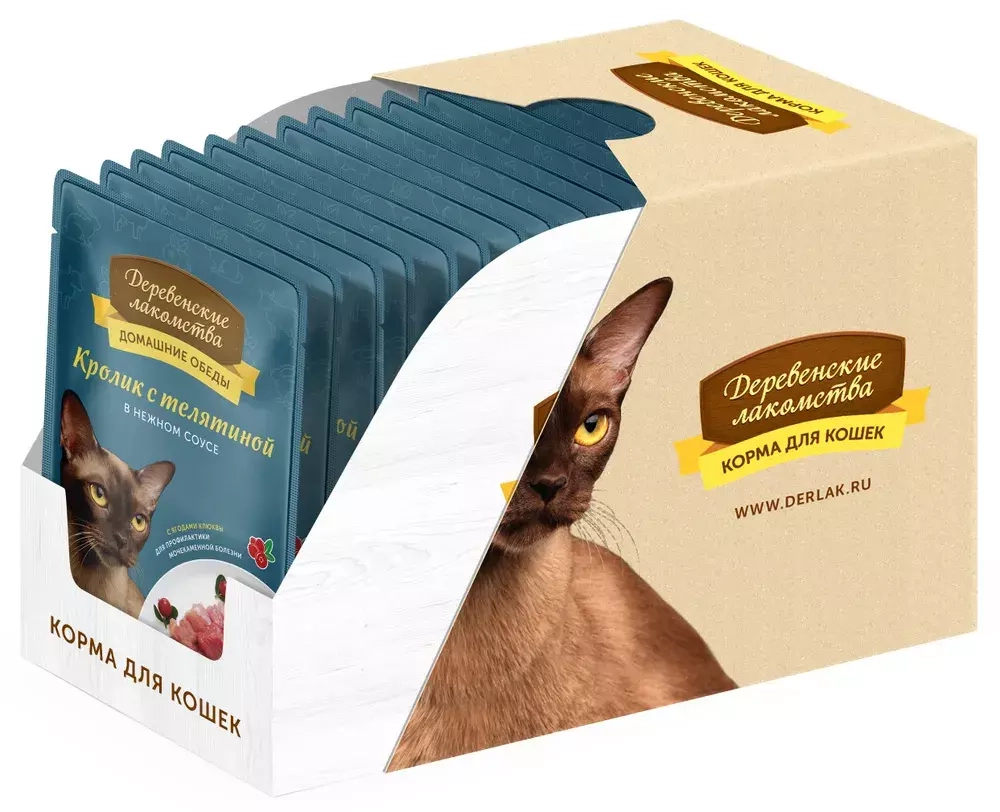 Деревенские лакомства консервы для кошек с кроликом и телятиной (соус) 85 г пакетик (70063040)