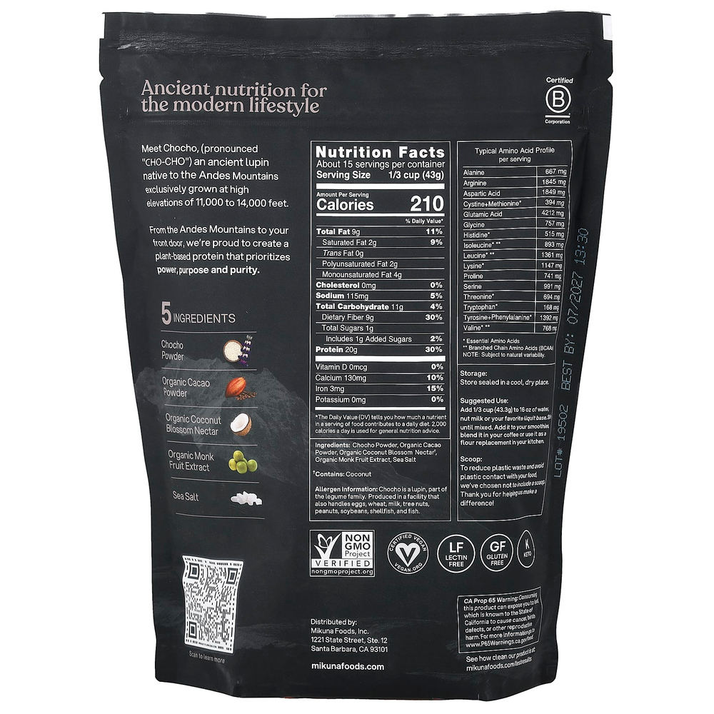 MIKUNA, протеиновый порошок из растения шоколад (чочо), со вкусом какао, 645 г (1,42 фунта)