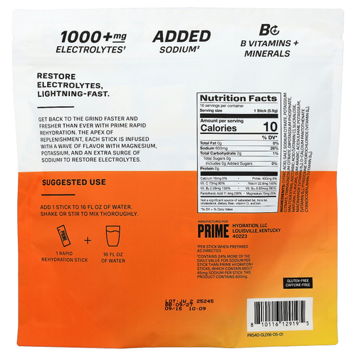 Prime Hydration, Rapid ReHydration, смесь для приготовления электролитического напитка, со вкусом апельсина, 16 стиков по 5,9 г (0,2 унции)