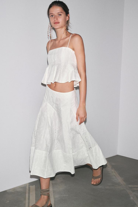 ZARA ШИРОКАЯ ЮБКА С ВЫШИВКОЙ — ZW COLLECTION, БЕЛЫЙ