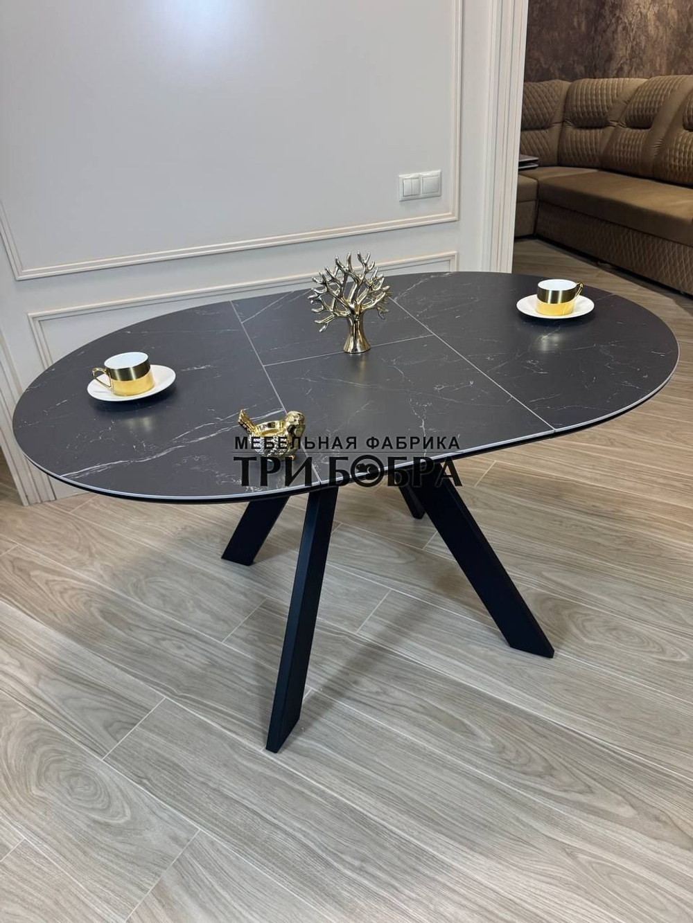 Круглый стол "Бонжур", керамогранит, черный мрамор