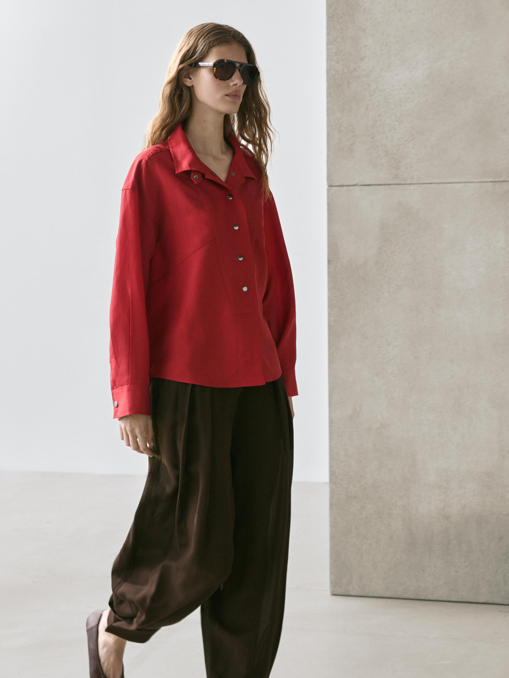 Massimo Dutti Рубашка свободного кроя с кнопками, красный