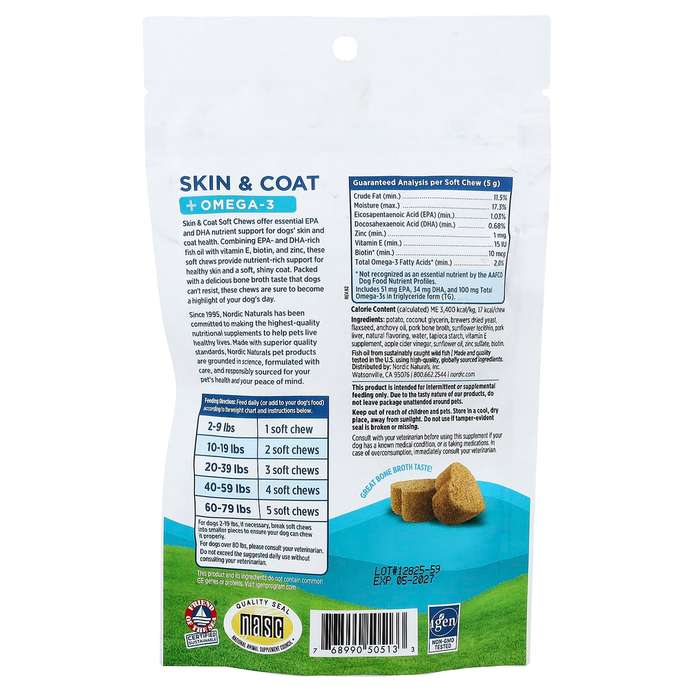 Nordic Naturals, омега-3 для кожи и шерсти, для собак, костный бульон, 30 жевательных таблеток, 150 г (5,29 унции)