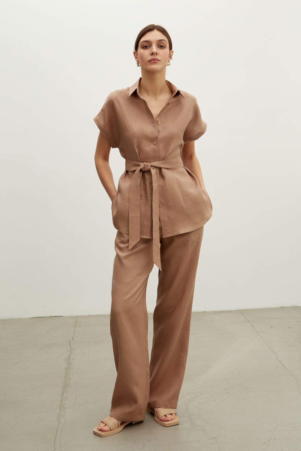 Комплект из льна мокко: Рубашка Марсель с поясом + Брюки Палаццо на резинке