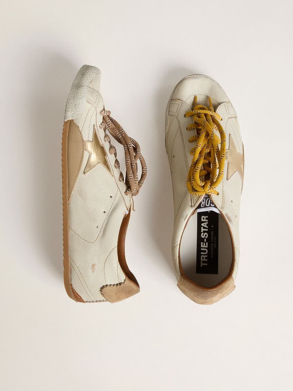 True Star in white nappa leather with gold star and beige suede heel tab