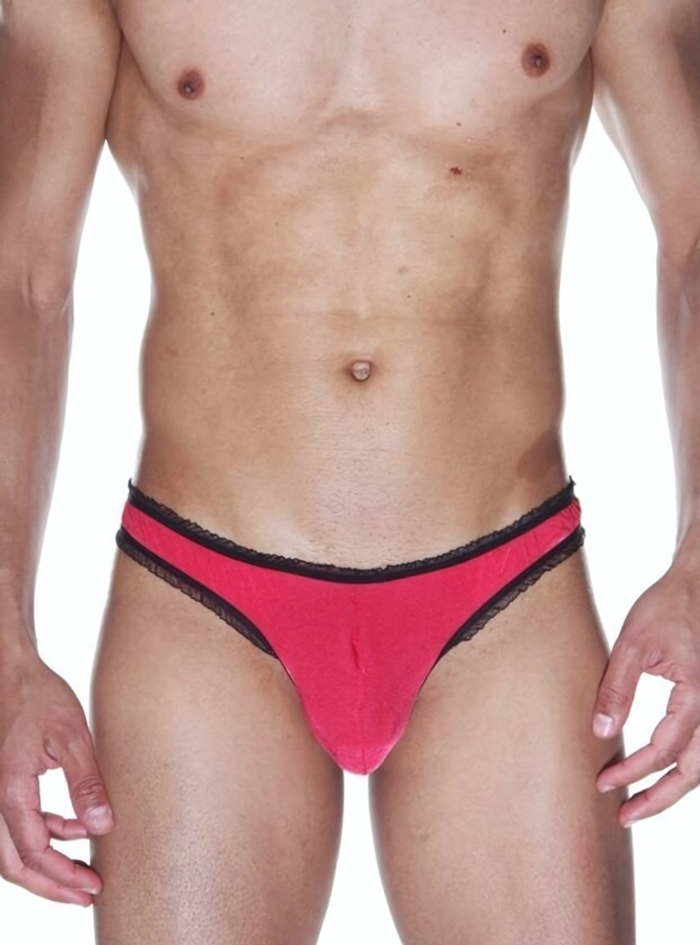 Красные мужские трусы-бразилиана с черной рюшевой отделкой (Размер: L-XL) (Цвет: красный с черным)