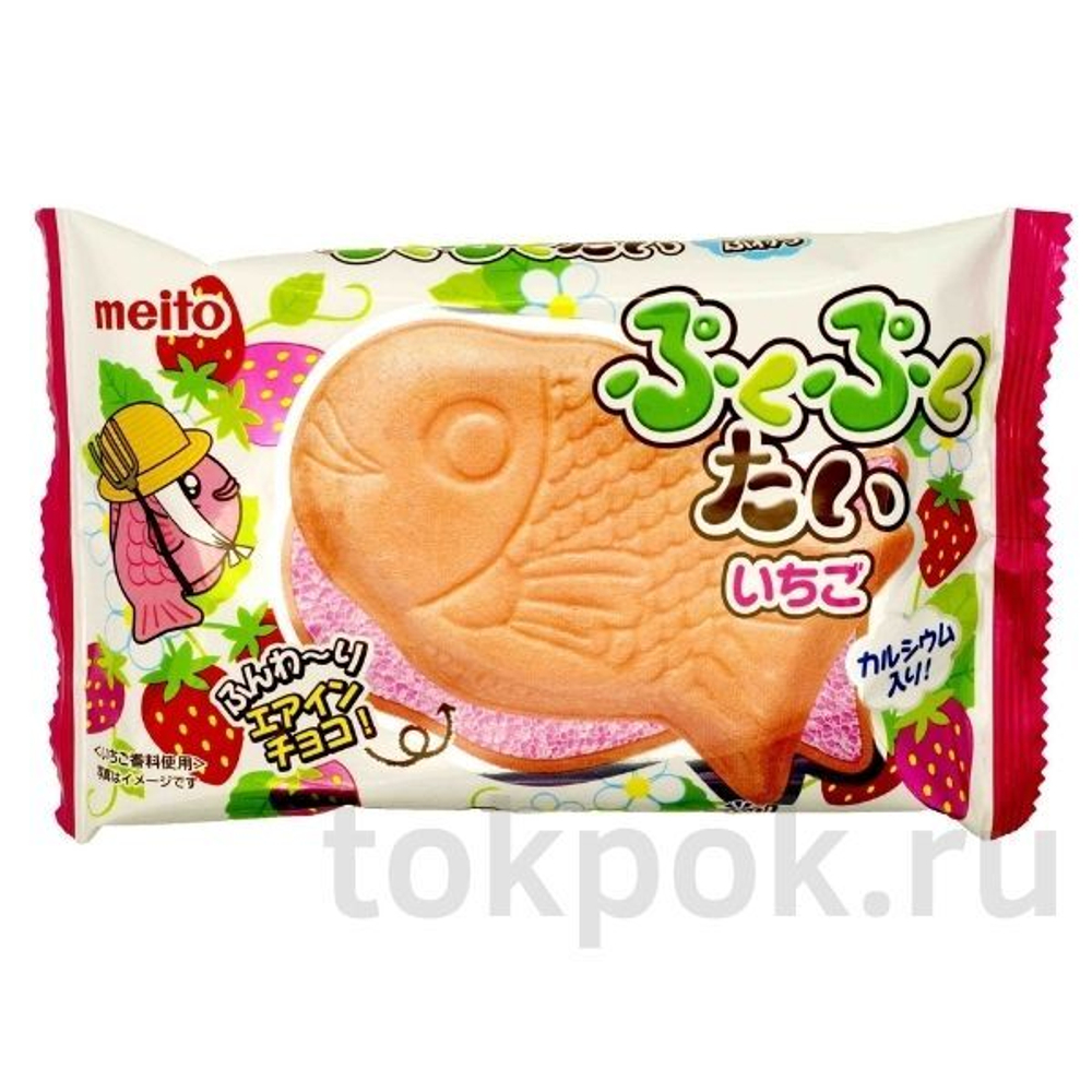 Вафельное печенье Тайяки с клубничным шоколадом Meito, 16,5 гр.