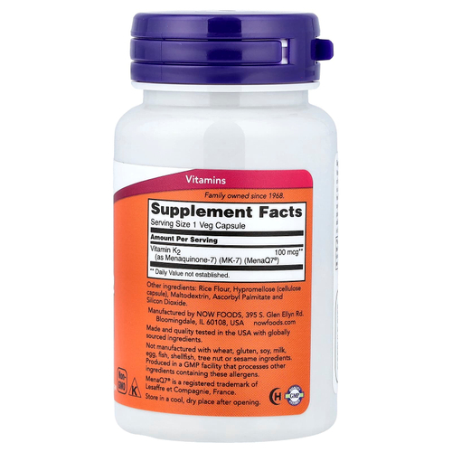 NOW Foods, MK-7, витамин K2, 100 мкг, 60 вегетарианских капсул