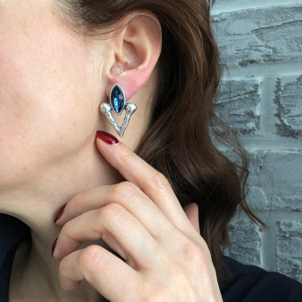 Серьги-ромбы синий кристалл