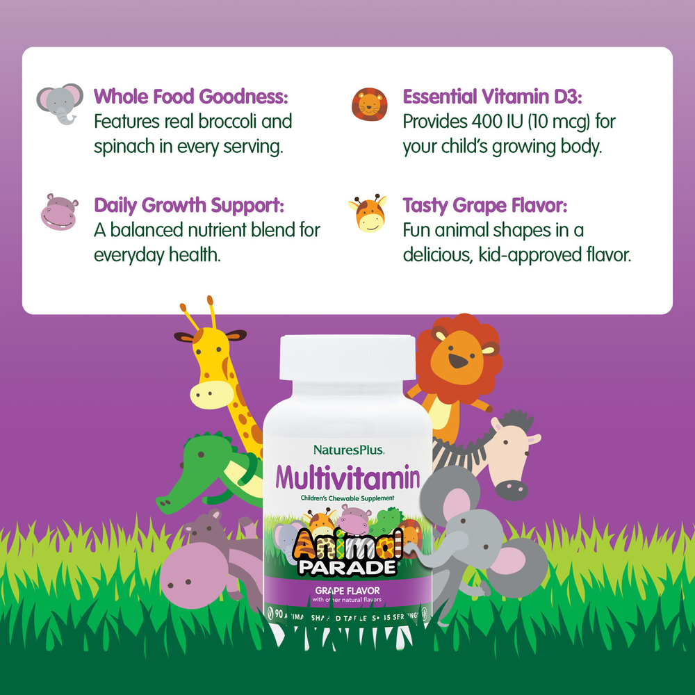 NaturesPlus, Animal Parade®, жевательные мультивитамины для детей, со вкусом винограда, 90 таблеток в форме животных