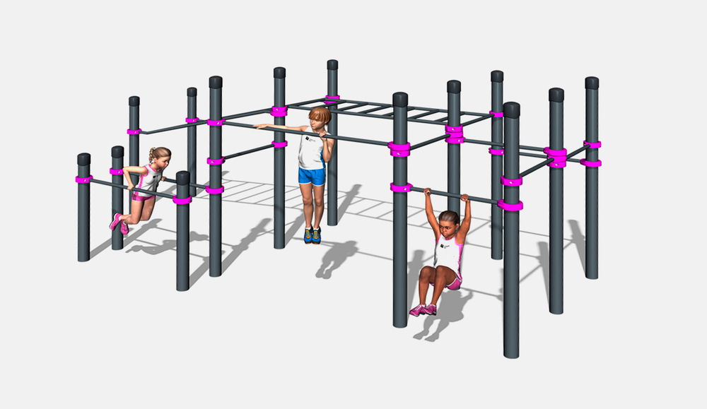 Воркаут комплекс для детей: рукоход двухсекционный с подъёмом, брусья и 8 турников