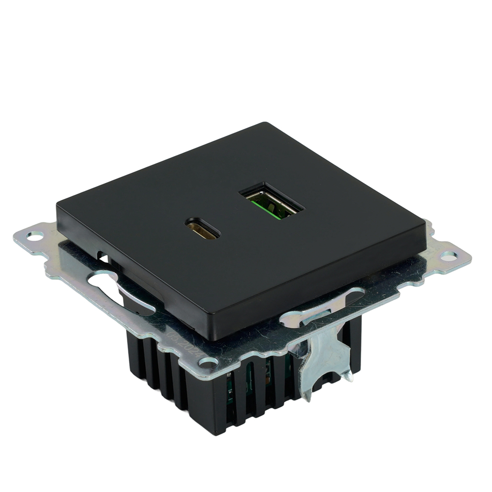 Розетка 2-местная USB + type C (механизм), STEKKER GLS10-7116-05, 250B, 3А, серия Катрин, черный 50055