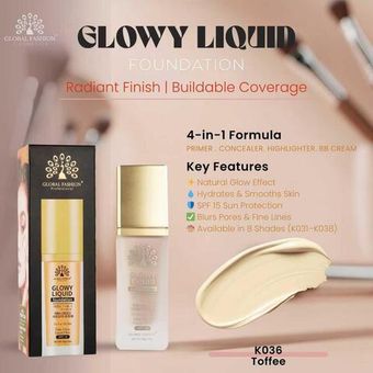 Тональная основа Global Fashion, Glowy Liquid Foundation 4in1:Primer+Concealer+Highlighter+BB cream, SPF 15, 36