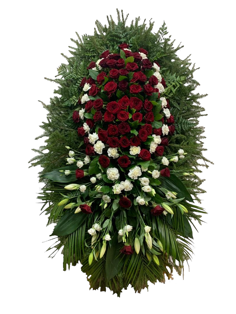 Траурный венок из живых роз, лилий и гвоздик (ВЖ-30) 120 см.