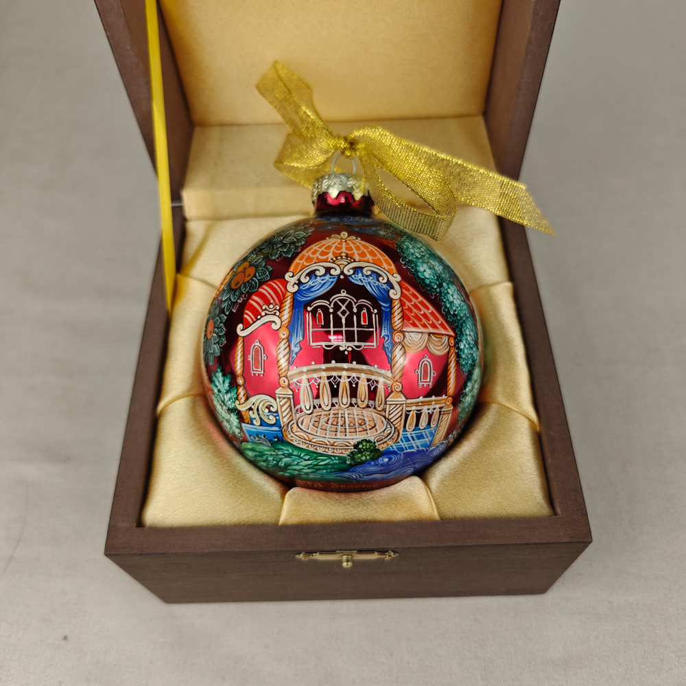 Шар новогодний с круговой росписью Палех "Жар-птица" на красном в футляре