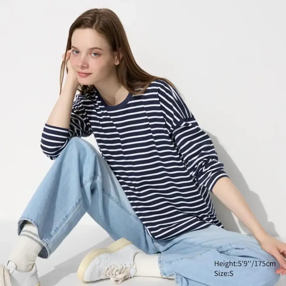 UNIQLO ФУТБОЛКА ОВЕРСАЙЗ В ПОЛОСКУ, С ДЛИННЫМИ РУКАВАМИ, ТЕМНО-СИНИЙ