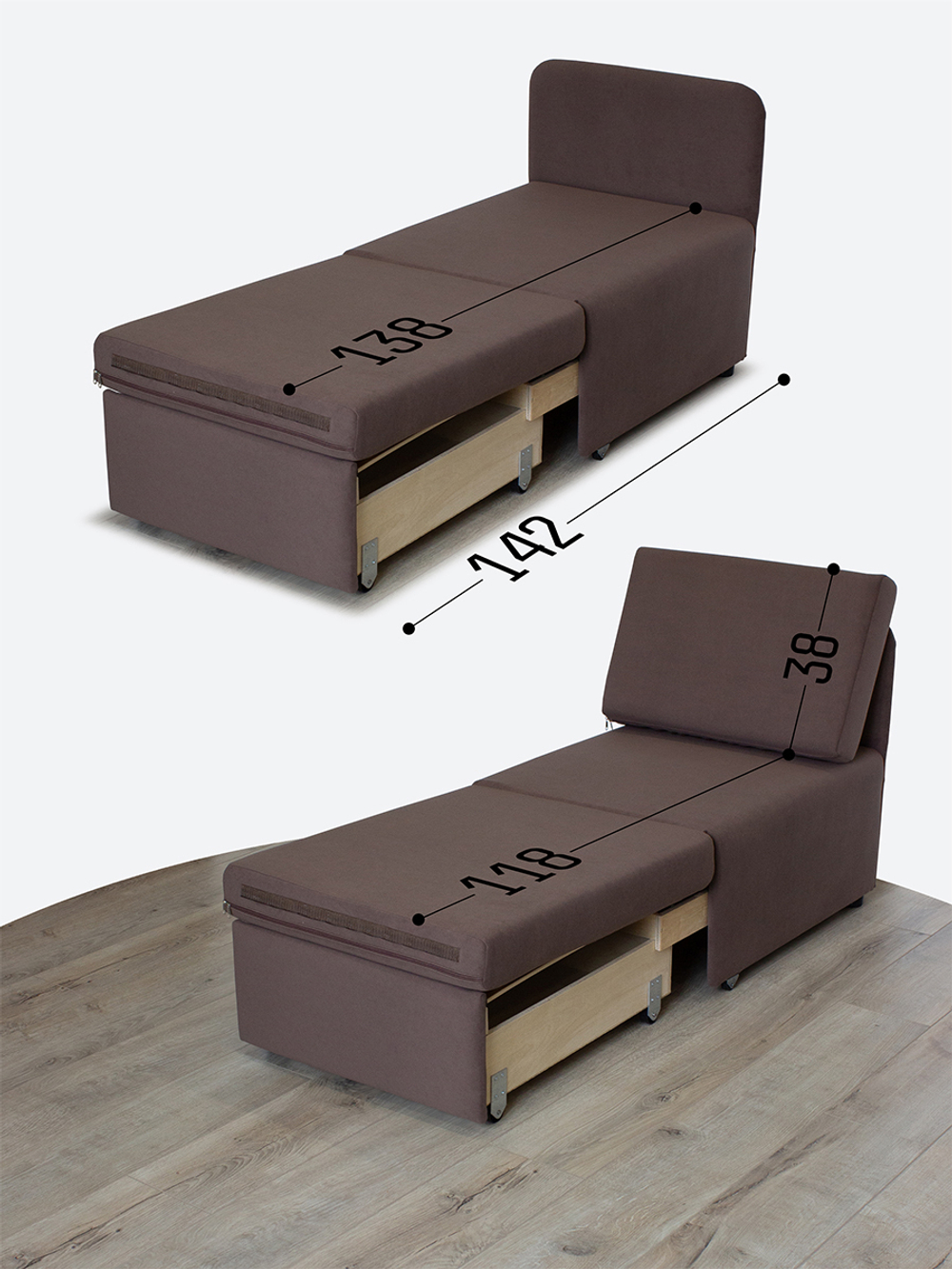Кресло-кровать "Миник" 60 см, спальное место 60х176 см, велюр Dream Chocolate