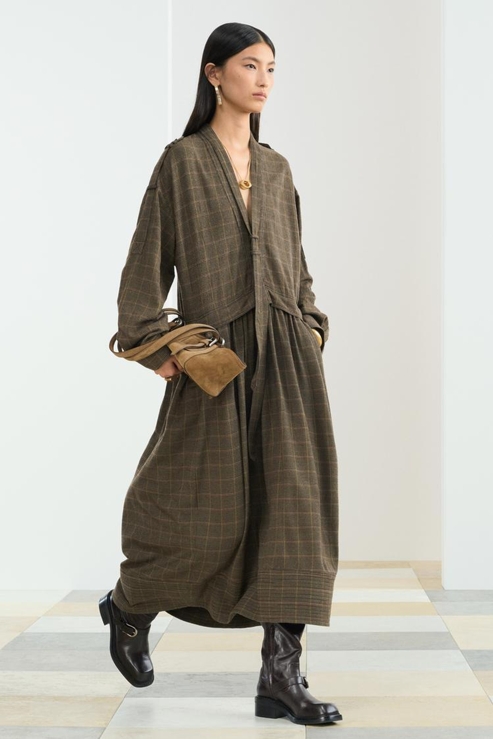 ZARA ПЛАТЬЕ МИДИ В КЛЕТКУ, КОРИЧНЕВЫЙ