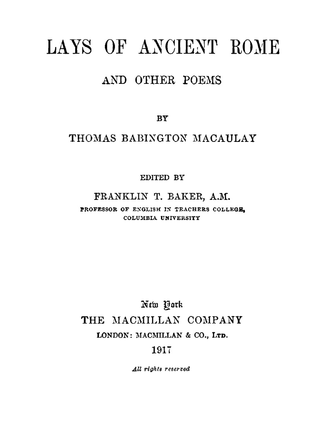 Lays of Ancient Rome and Other Poems | Thomas Babington Macaulay