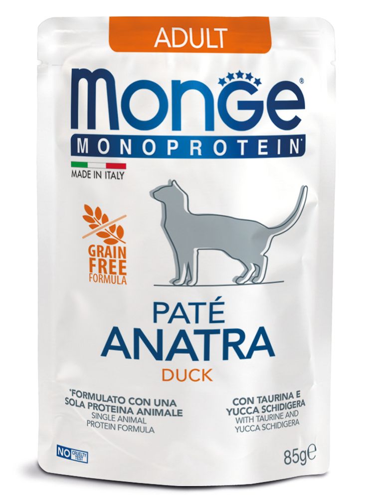 Влажный корм Monge Cat Monoprotein для взрослых кошек, из утки, паучи 85 г