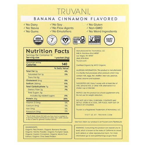 Truvani, протеин на растительной основе, со вкусом банана и корицы, 10 пакетиков по 31 г (1,09 унции)