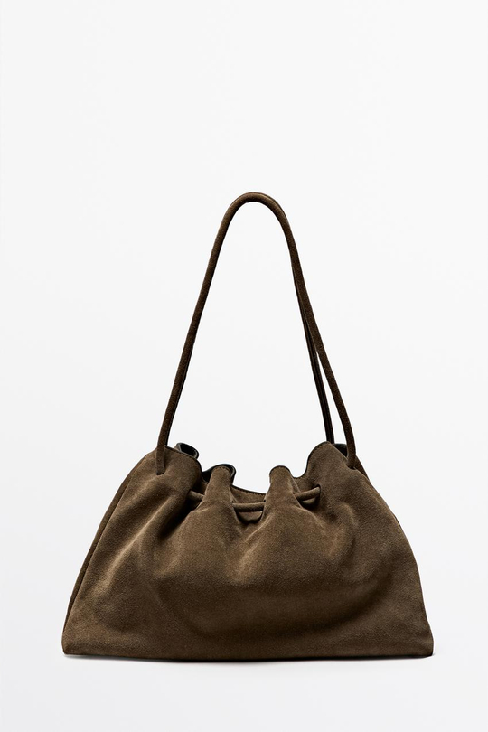 Massimo Dutti Кожаная сумка из замши со сборками, коричневый