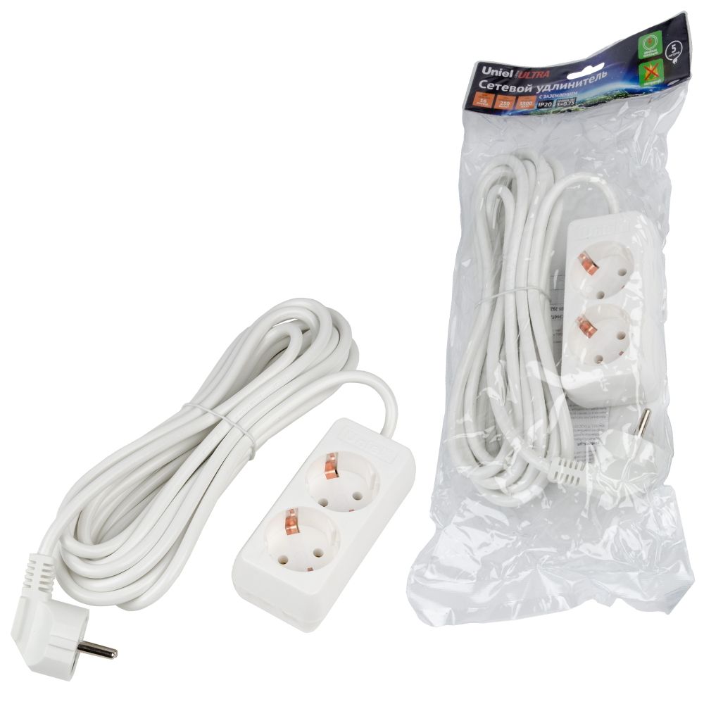 S-GCU2-5 WHITE Удлинитель серии Ultra. шнур 5м.. 2 гнезда. 16A. с-з. Белый. TM Uniel