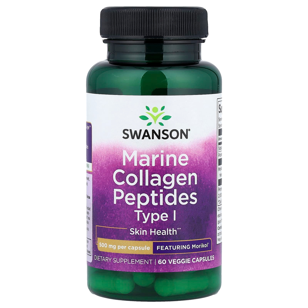 Swanson, Пептиды морского коллагена типа 1, 500 мг, 60 растительных капсул
