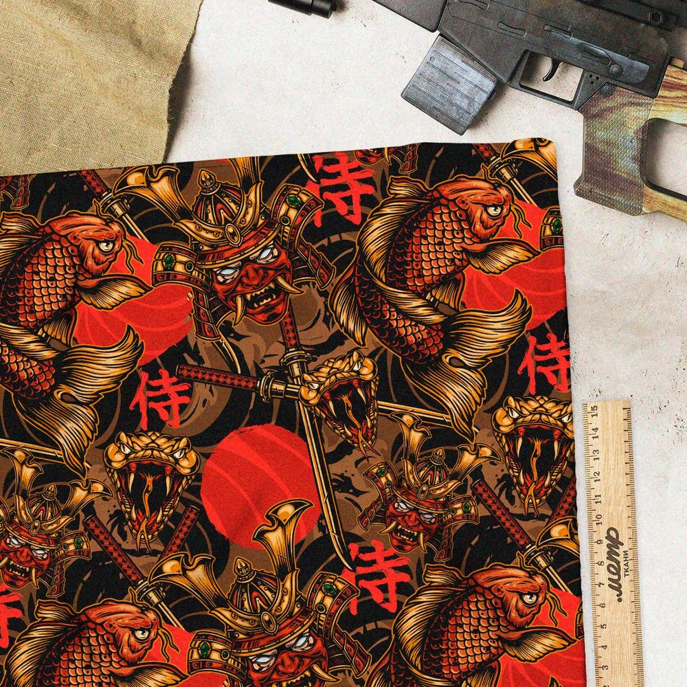 Ткань оксфорд 600 красный самурай, катаны и рыбы на чёрном фоне